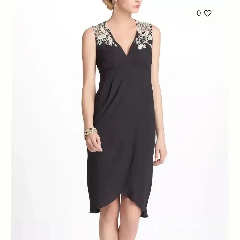 Anthropologie Meadow Rue Size 8 Embroidered Tulip Dress Black Cream V Neck